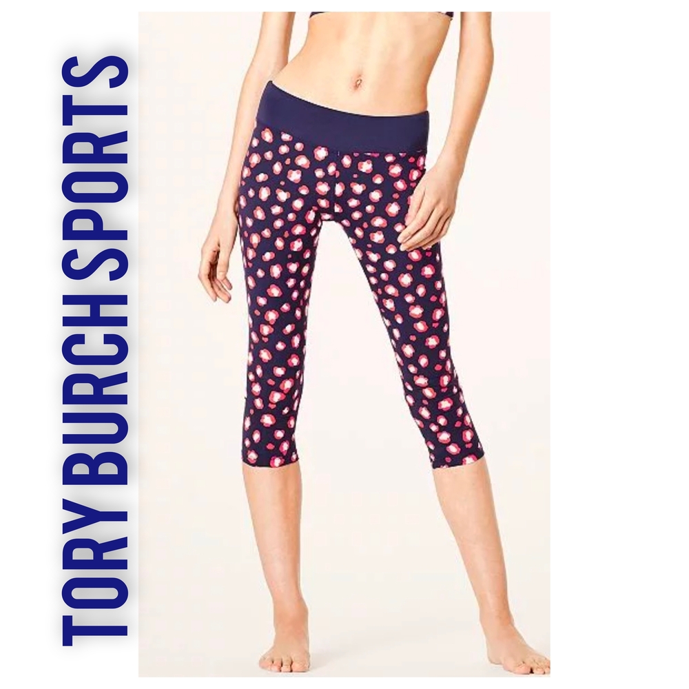 Tory Burch Navy Capri Leggings with Pink Spot Floral Print